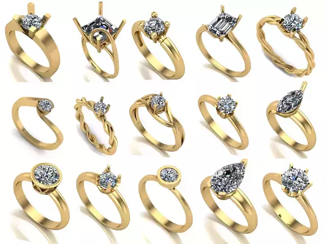 Collection of 15 designed solitaire engagement rings