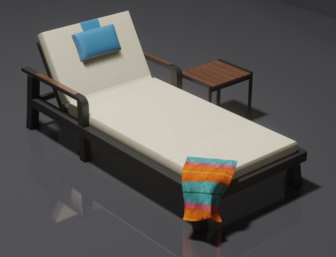 Sunbed model with towel and table 3D model_1