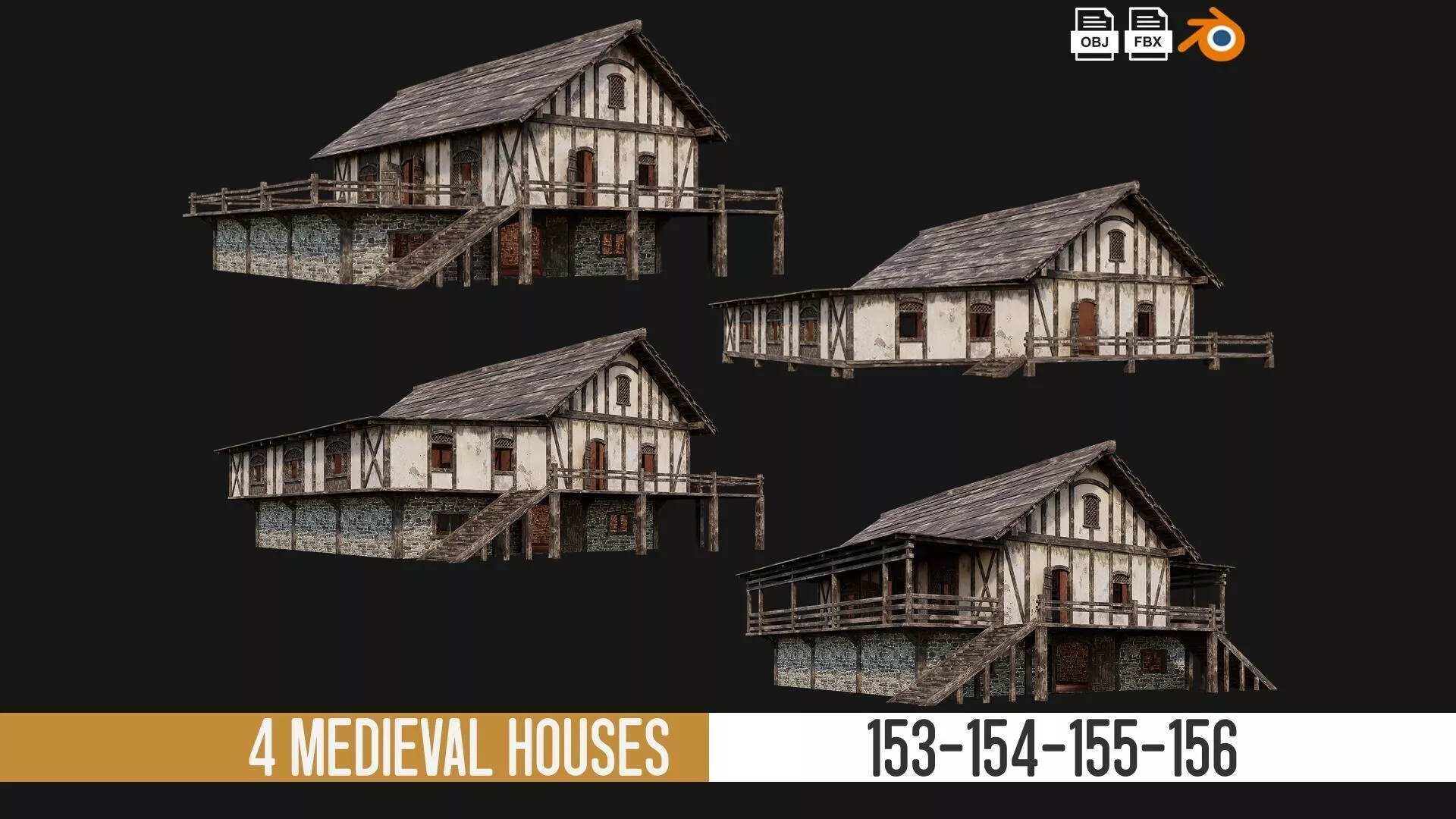4 Old Medieval House Pack 4K Textures GameReady 153 to 156 Low-poly 3D model