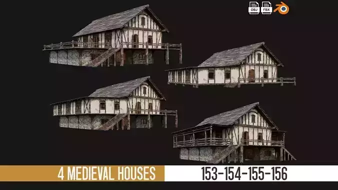 4 Old Medieval House Pack 4K Textures GameReady 153 to 156 Low-poly 3D model