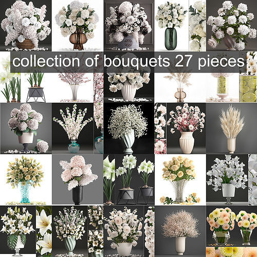 Collection of white flower bouquets in vases 27 pieces 3D model