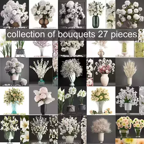 Collection of white flower bouquets in vases 27 pieces 3D model