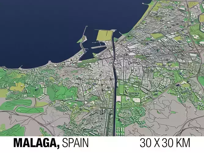 Malaga Spain 30x30km City Map