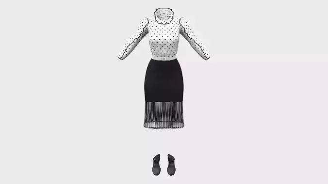 Frill Edge Retro Top Pencil Skirt Shoes Outfit Low-poly 3D model