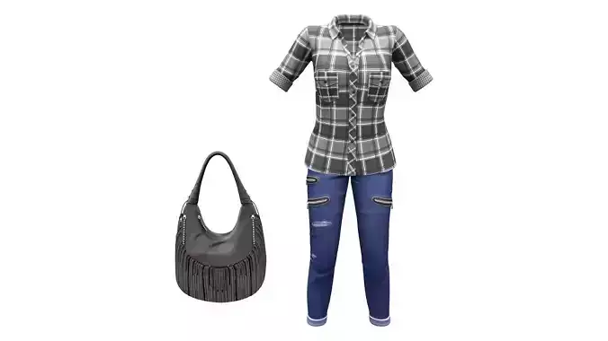 Checkered Shirt Denims Handbag Casual Outfit
