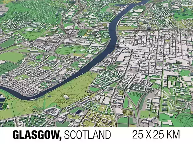 Glasgow Scotland UK 25x25km 3D City Map