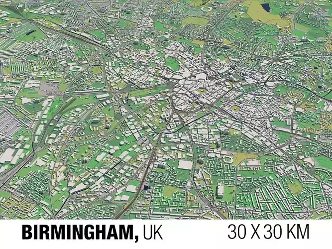 Birmingham England UK 30x30km 3D City Map