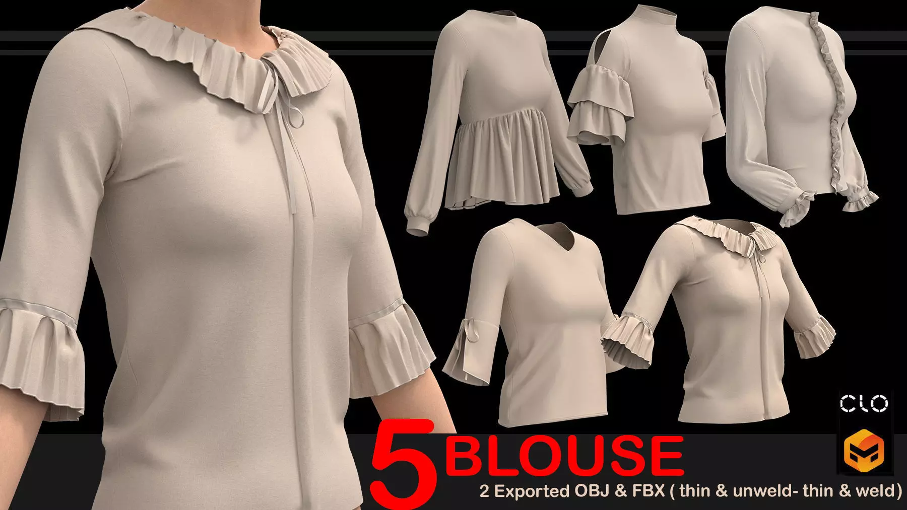 5 FEMALE BLOUSES PACK 3D model_0