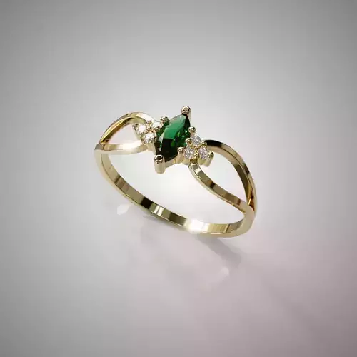 Gold Ring with MarquiseCut Green Gemstone and Diamond Accents 3D