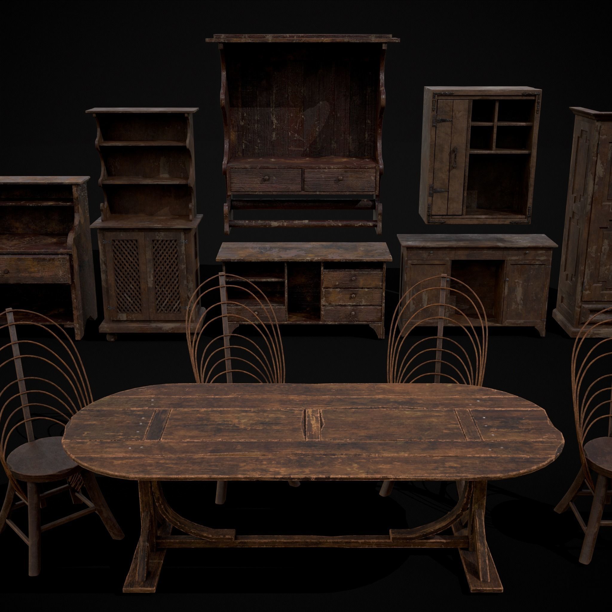 Rustic Wooden Kitchen Furniture Pack 3D Model Collection_2