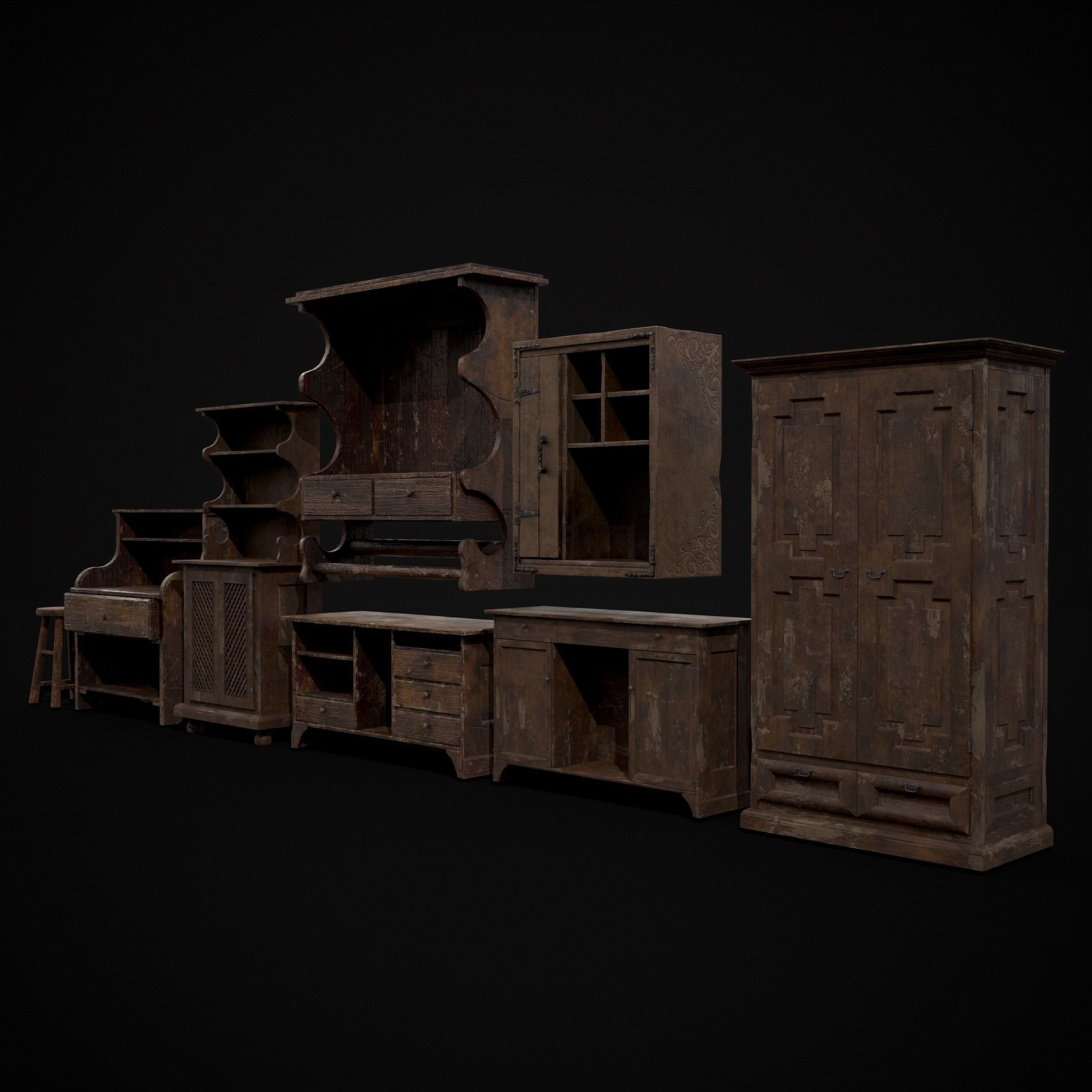 Rustic Wooden Kitchen Furniture Pack 3D Model Collection_6