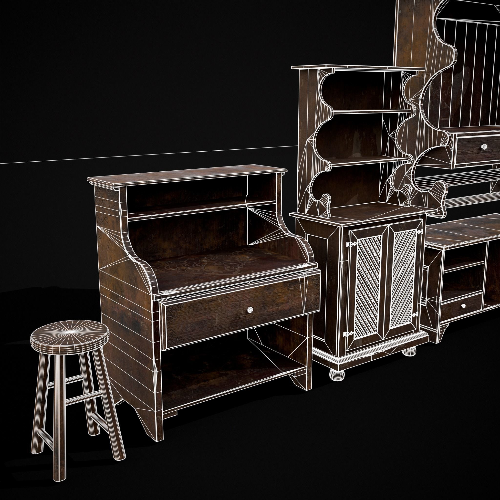 Rustic Wooden Kitchen Furniture Pack 3D Model Collection_9