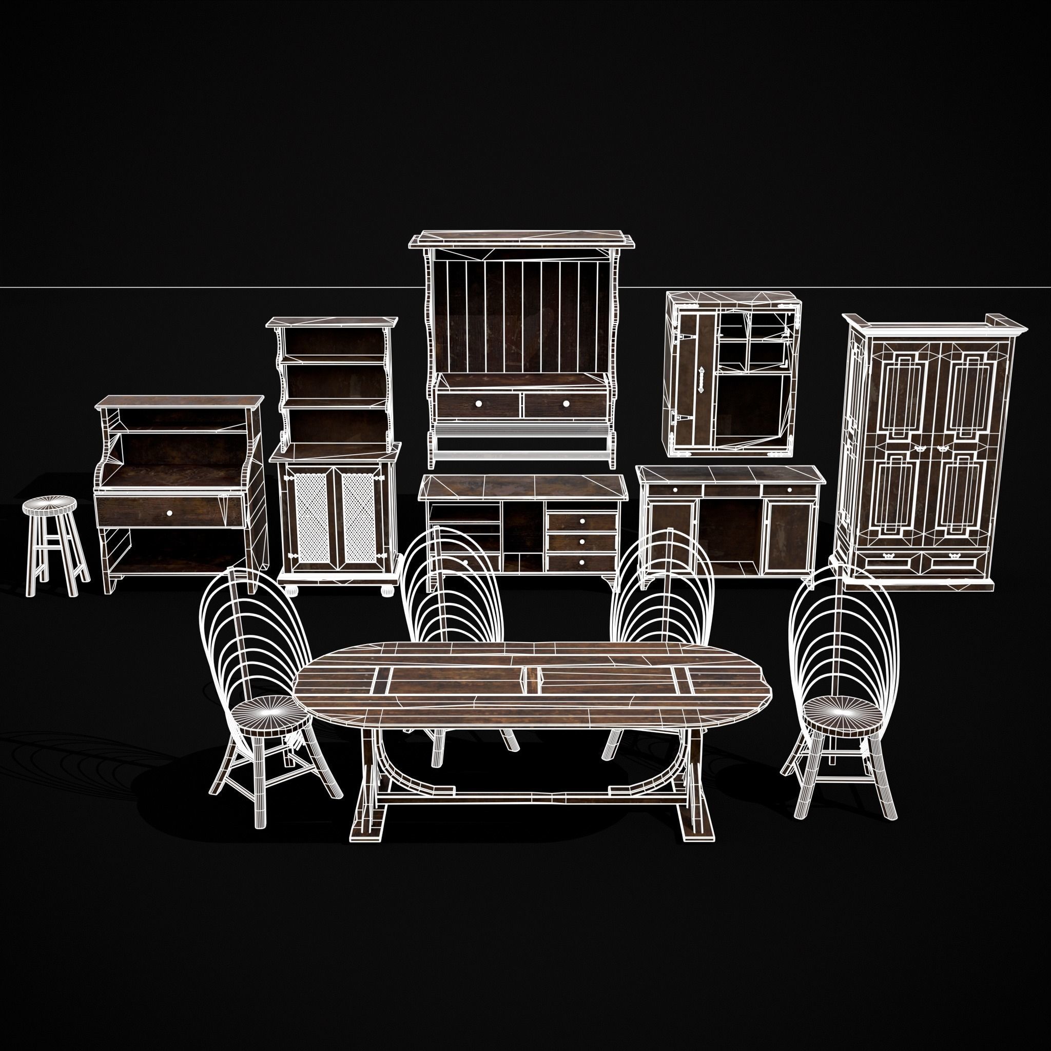 Rustic Wooden Kitchen Furniture Pack 3D Model Collection_1
