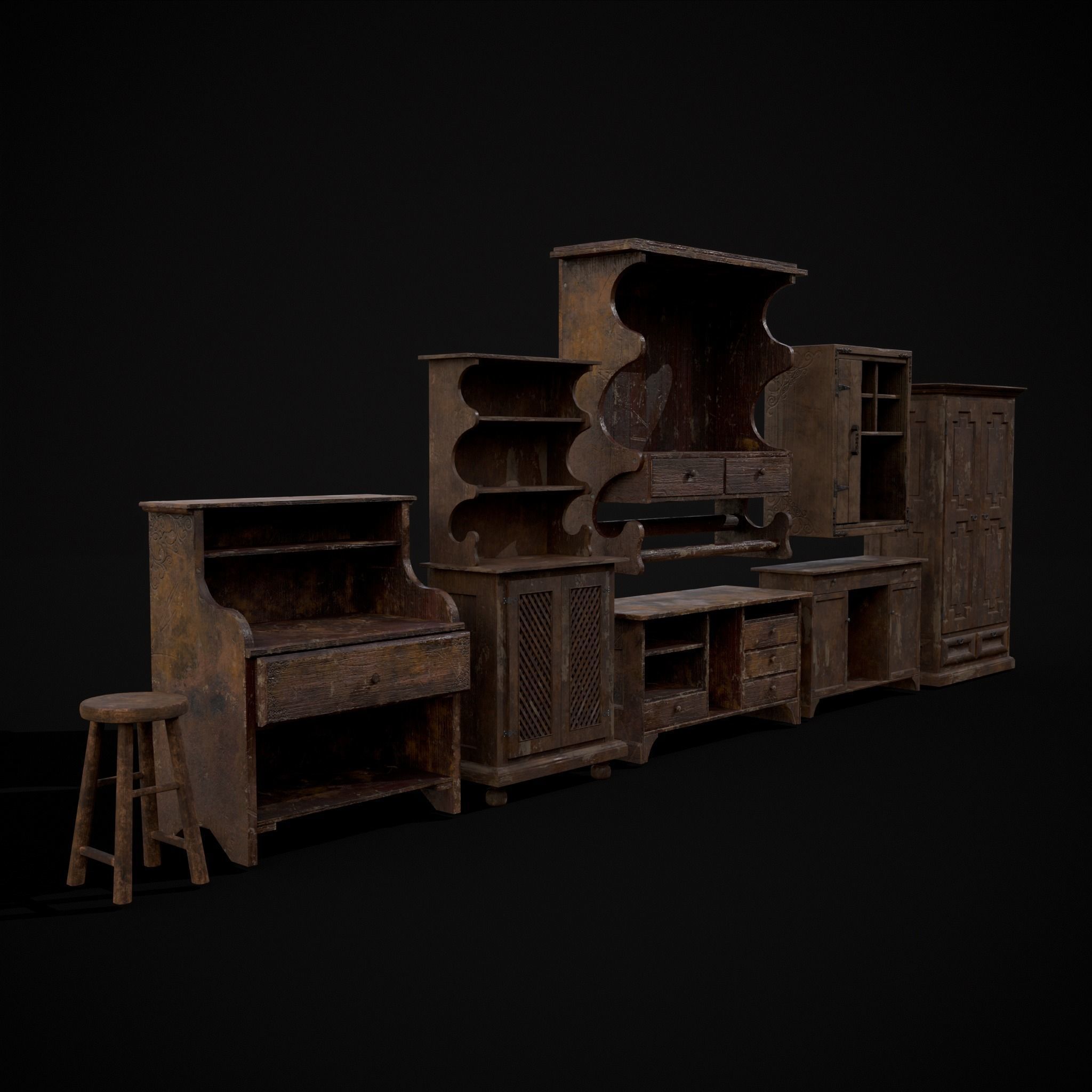 Rustic Wooden Kitchen Furniture Pack 3D Model Collection_4