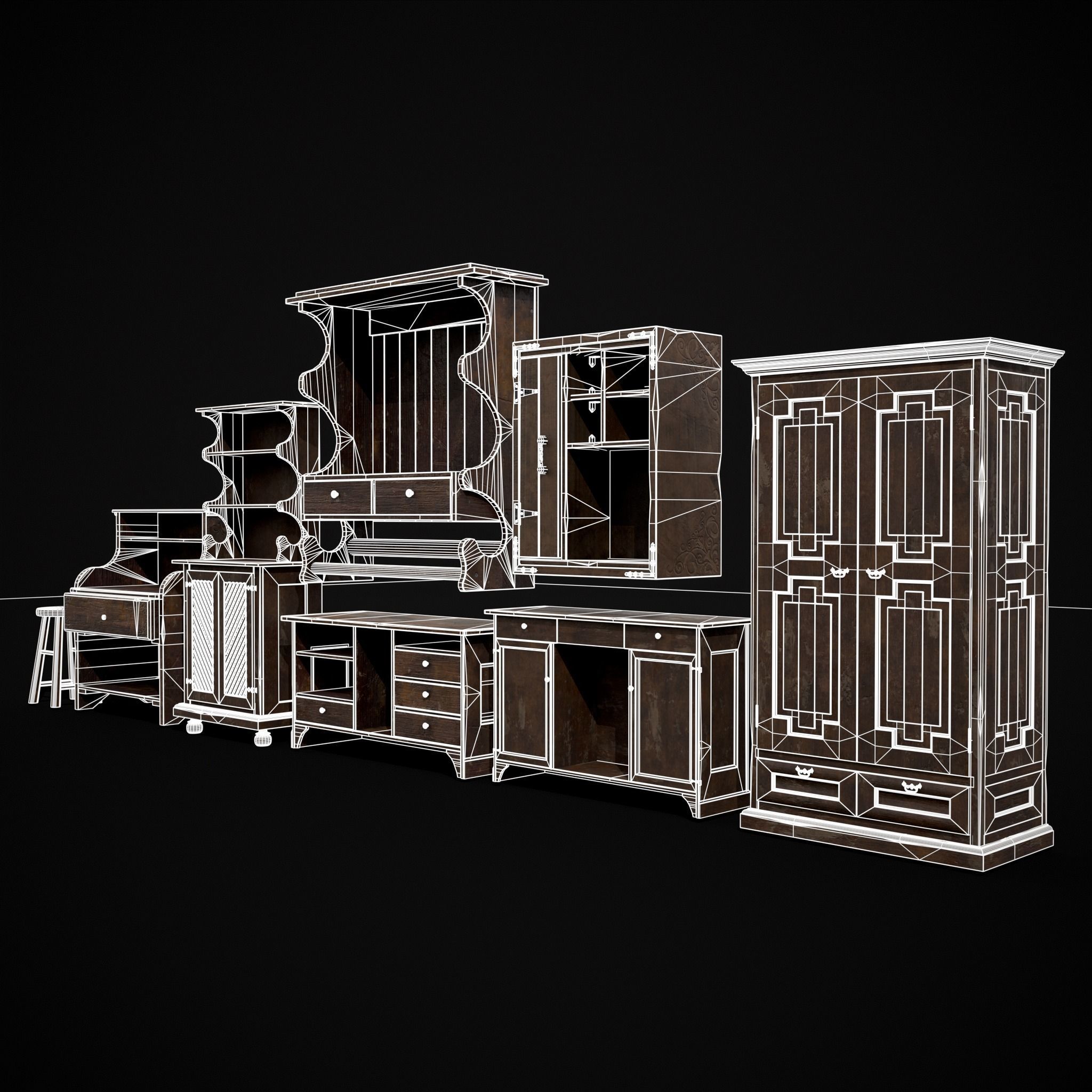 Rustic Wooden Kitchen Furniture Pack 3D Model Collection_7