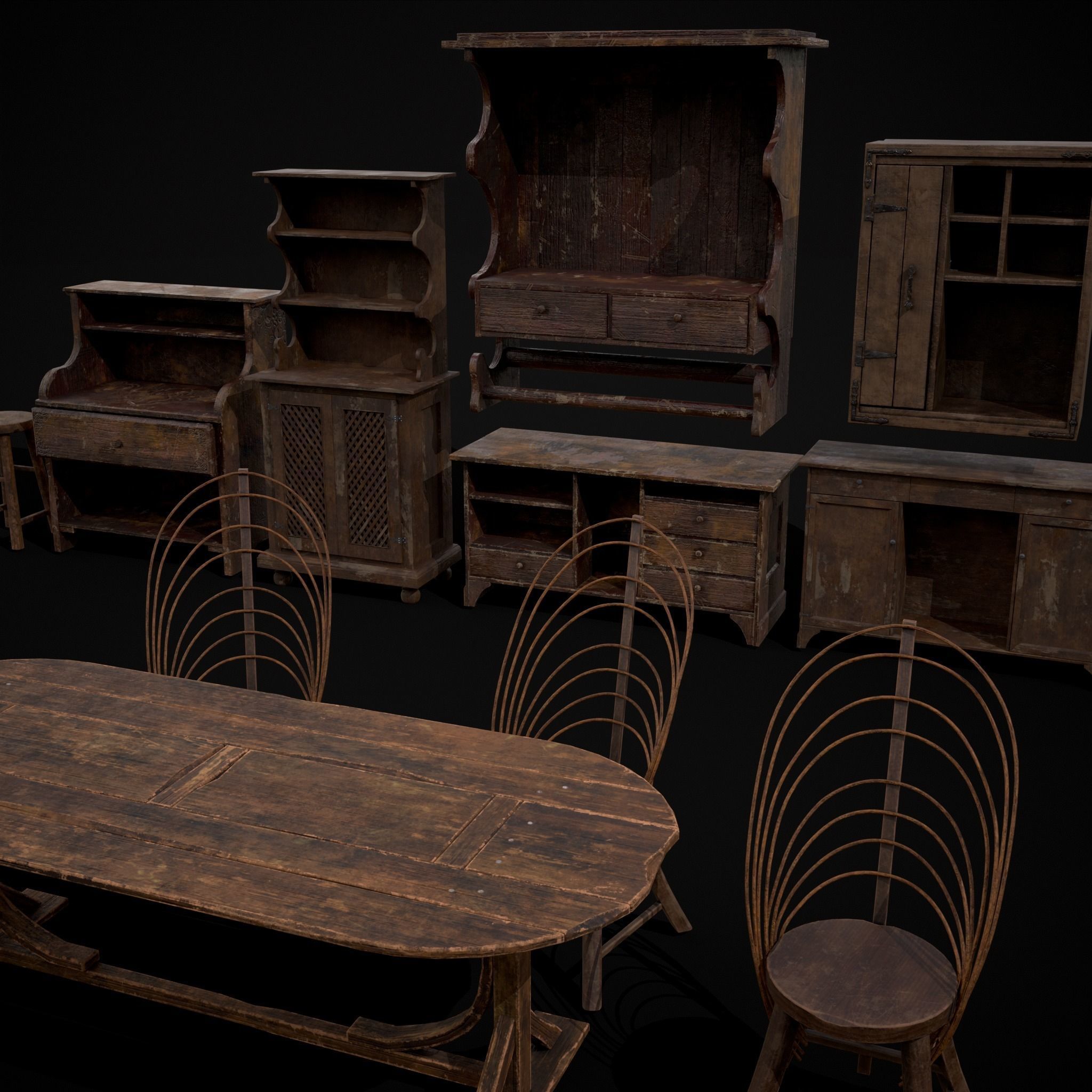 Rustic Wooden Kitchen Furniture Pack 3D Model Collection_12