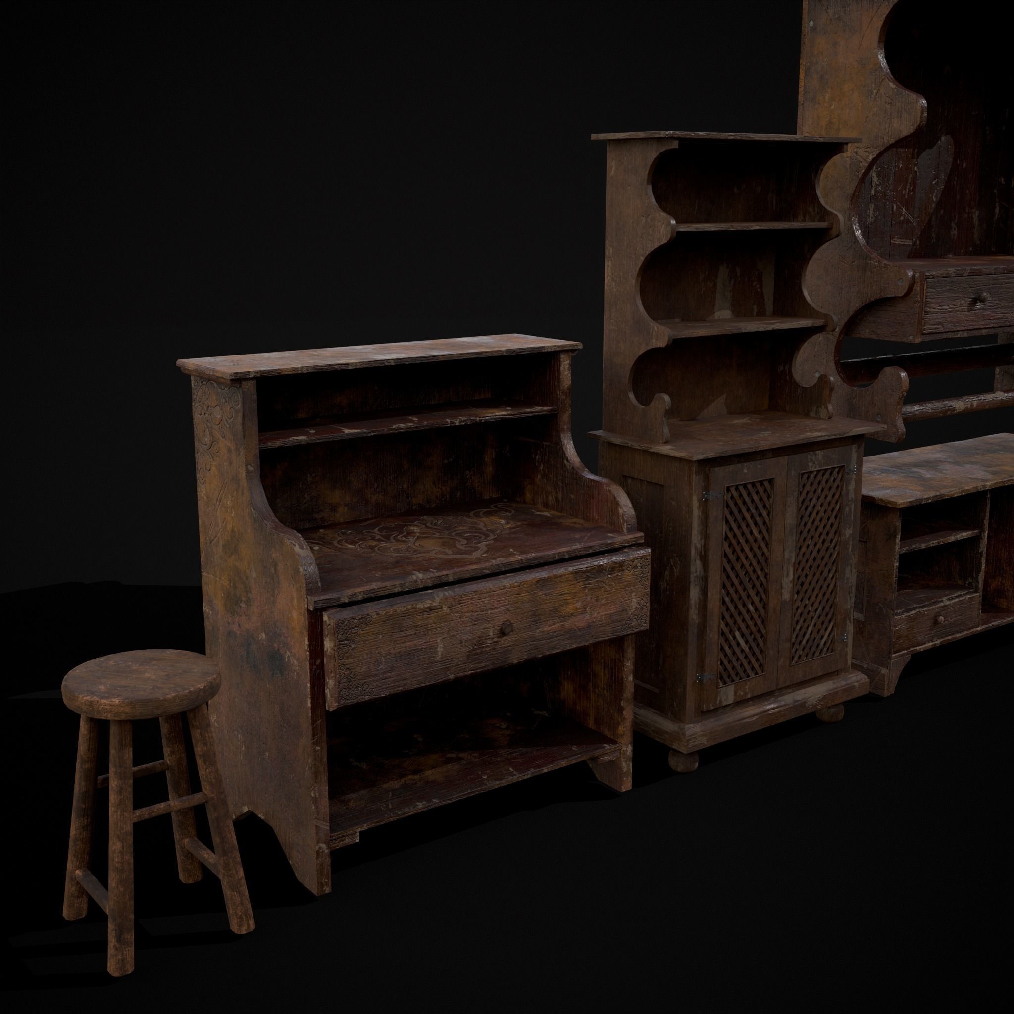 Rustic Wooden Kitchen Furniture Pack 3D Model Collection_8
