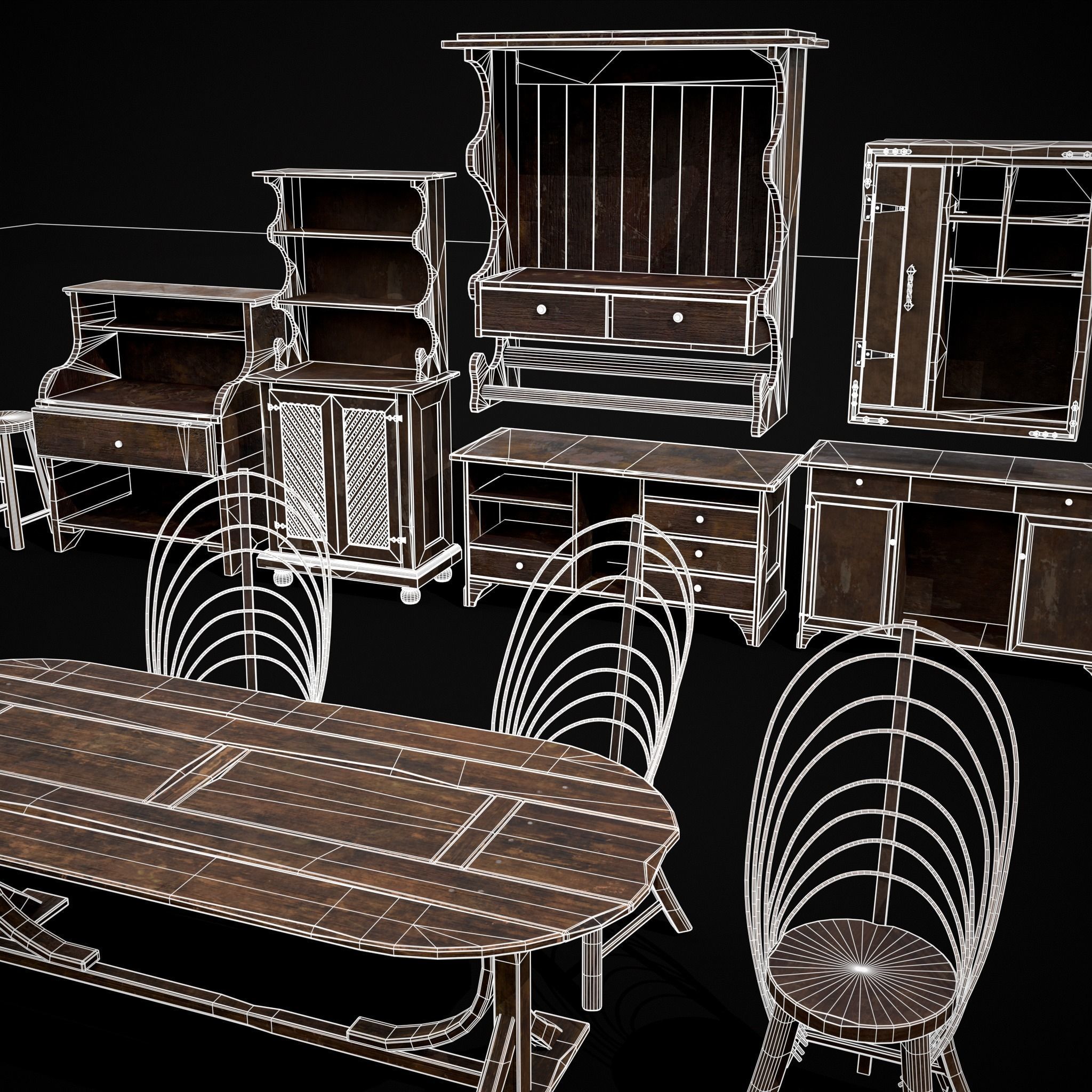 Rustic Wooden Kitchen Furniture Pack 3D Model Collection_13