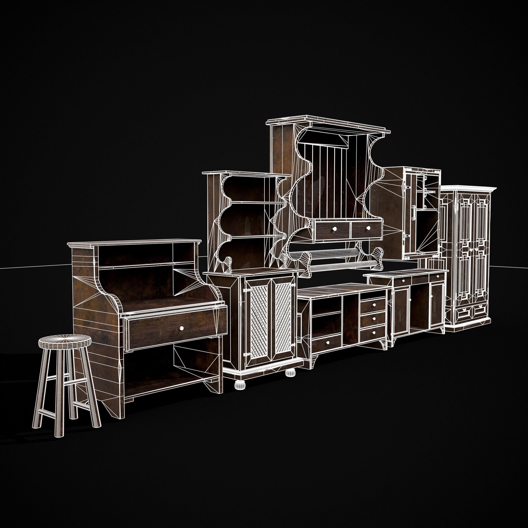 Rustic Wooden Kitchen Furniture Pack 3D Model Collection_5