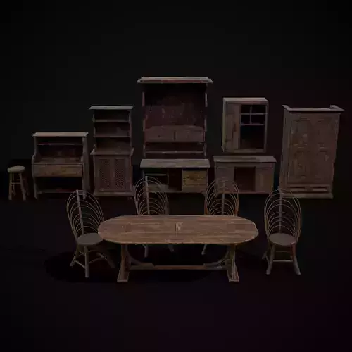 Rustic Wooden Kitchen Furniture Pack 3D Model Collection