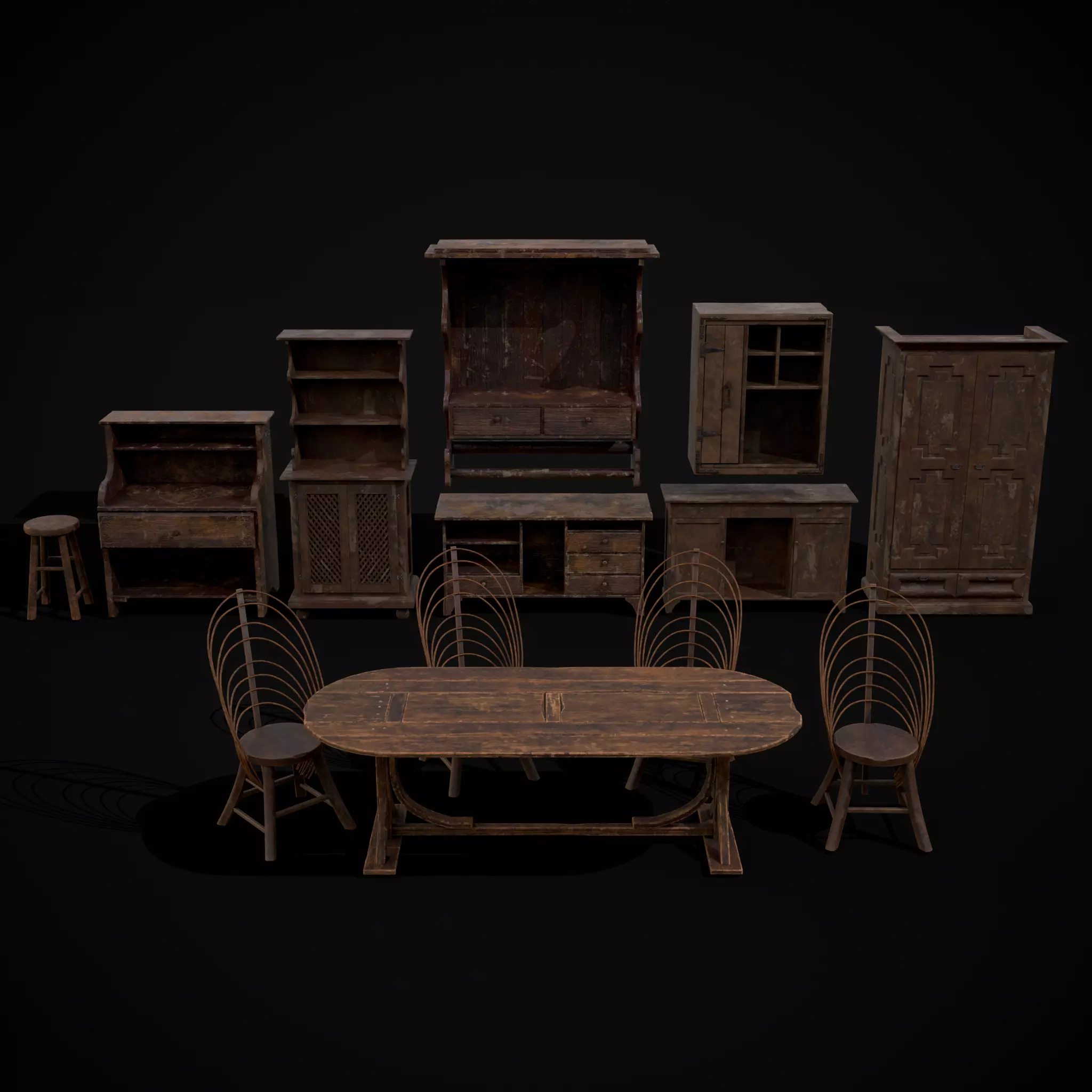 Rustic Wooden Kitchen Furniture Pack 3D Model Collection_0