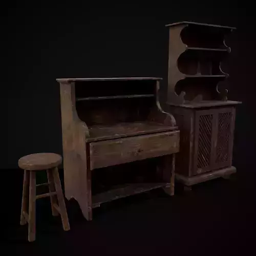 Rustic Dining Hutch Shelf and Stool 3D Model Collection