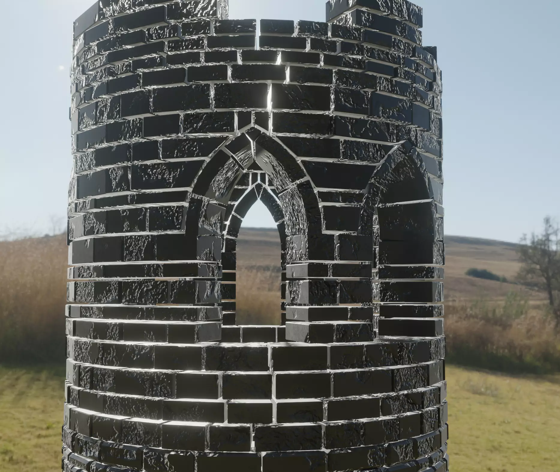 Tower post in middle of grassy field Free 3D model_0