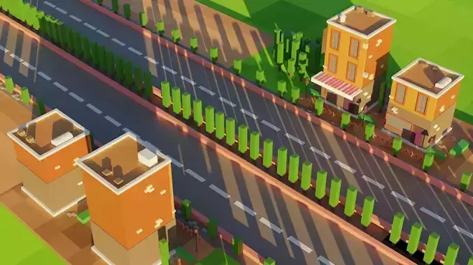Small Village beside Countryside Road - Low Poly Town
