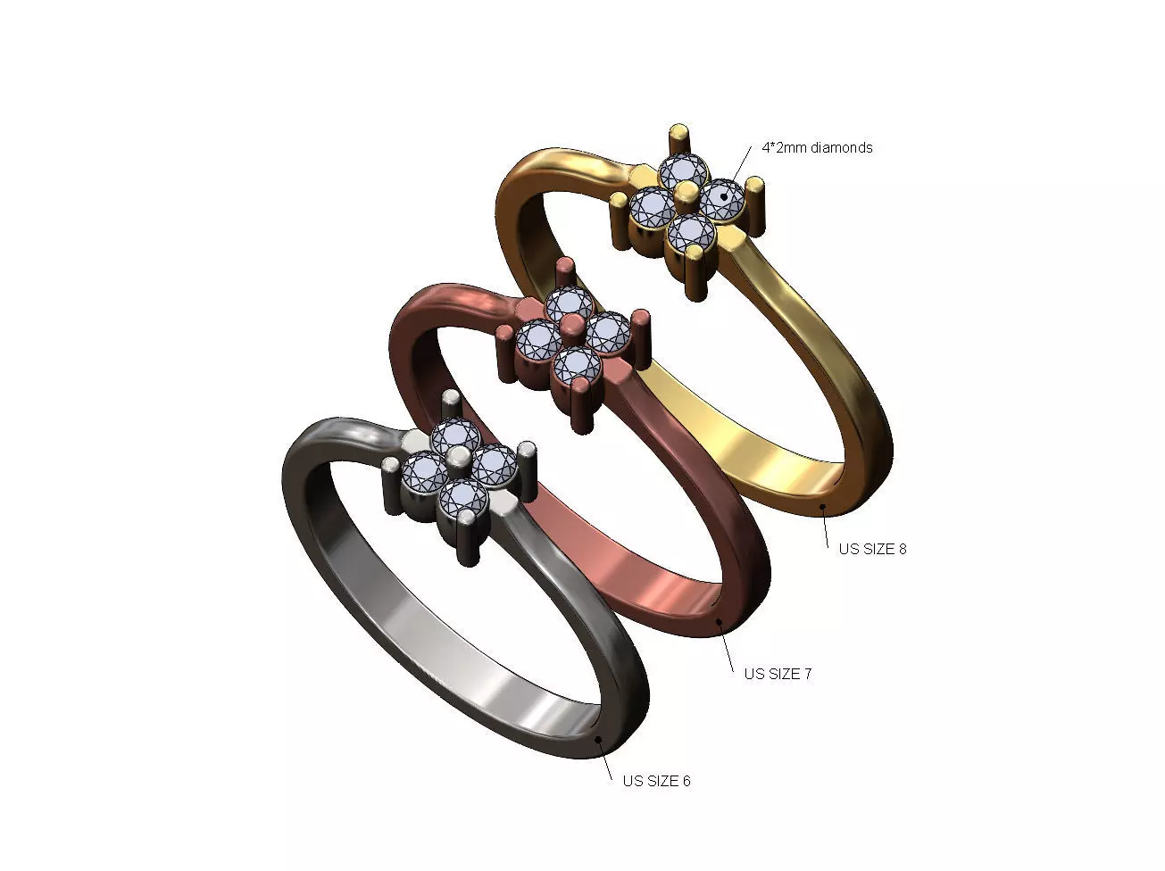 Pinched square diamond cluster ring US sizes 6 7 8 3D print model