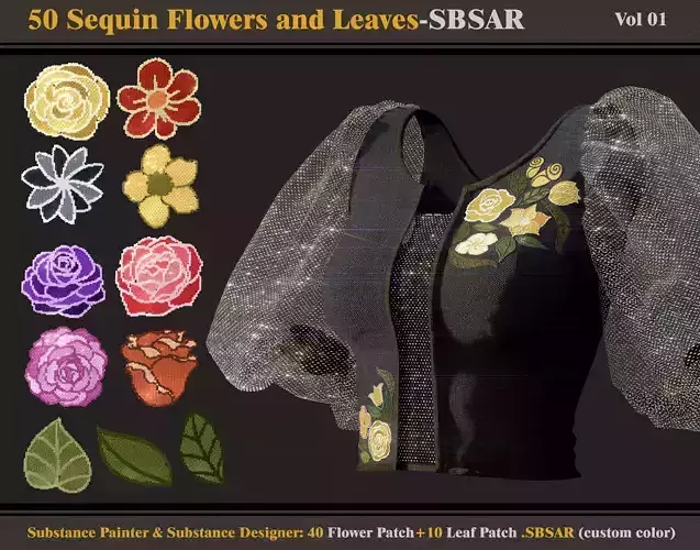 50 Sequin Flowers and Leaves SBSAR 3D model