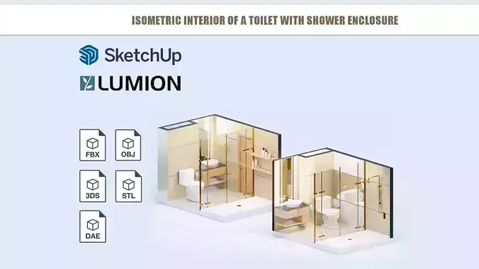 Isometric interior of a toilet with shower enclosure