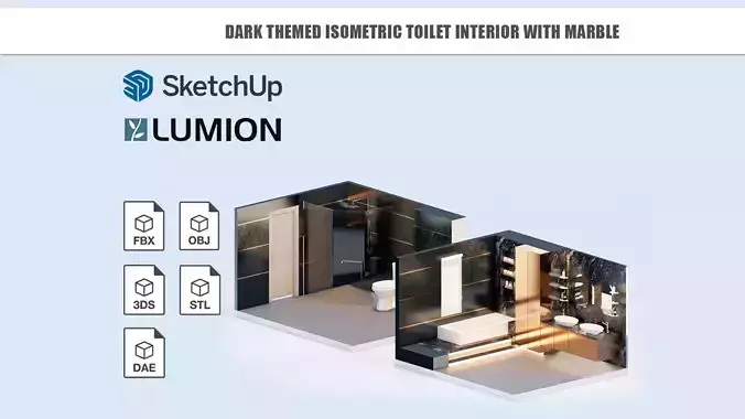 Dark themed isometric toilet interior with marble