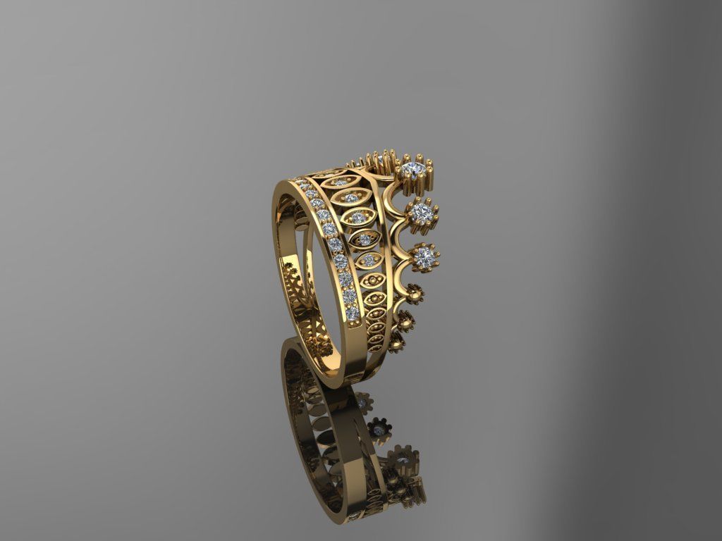 Designer crown ring with diamonds 3D print model_3