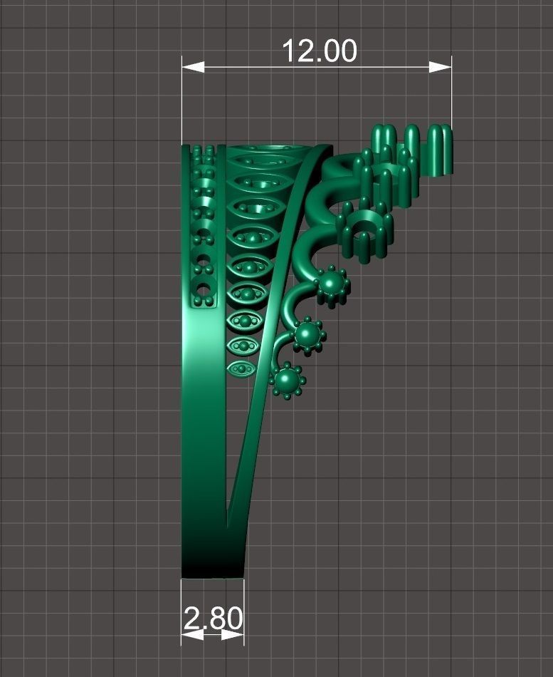 Designer crown ring with diamonds 3D print model_7