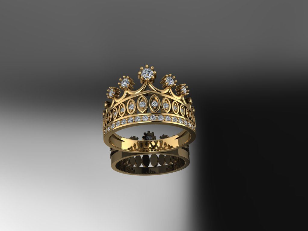 Designer crown ring with diamonds 3D print model_2