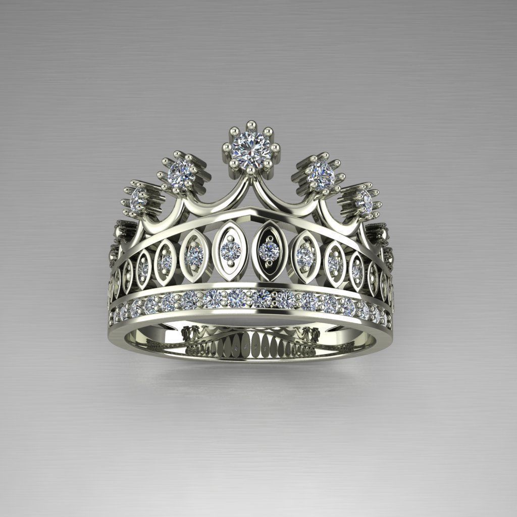 Designer crown ring with diamonds 3D print model_1