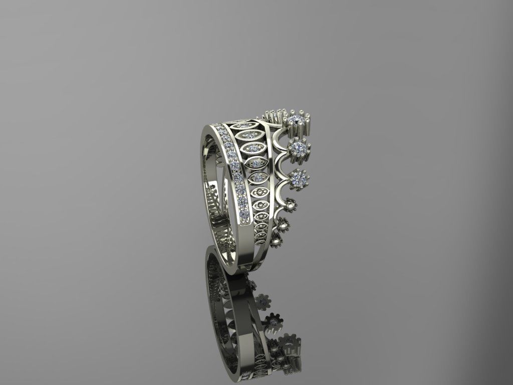 Designer crown ring with diamonds 3D print model_4