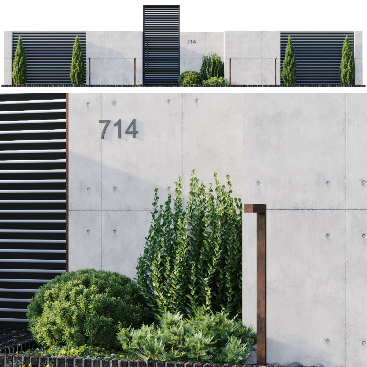 Fence 2 modern garden with trees and shrubs 3D model_2