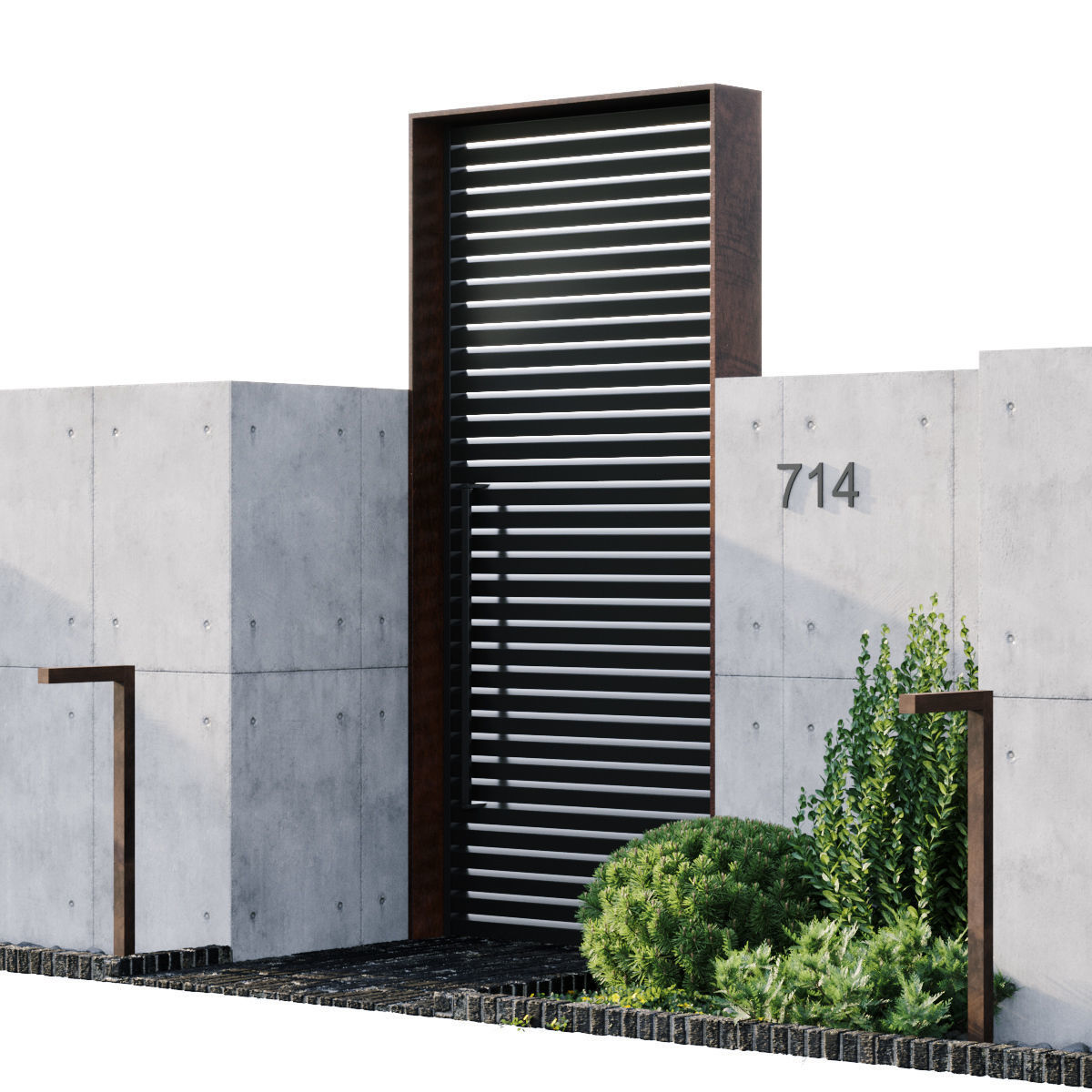 Fence 2 modern garden with trees and shrubs 3D model_4