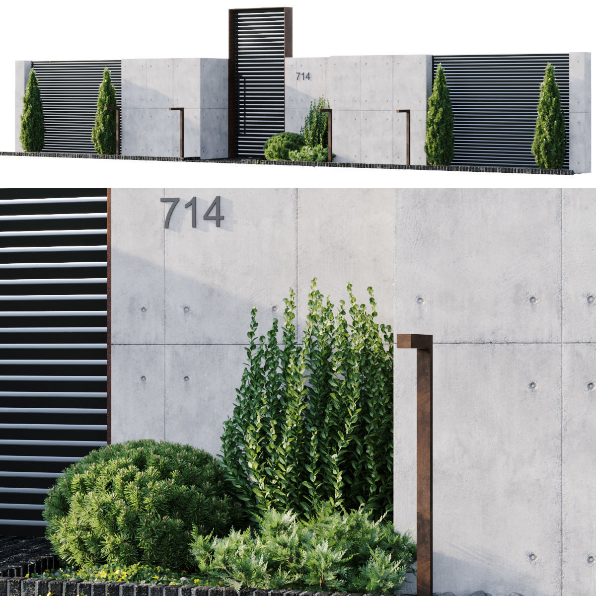 Fence 2 modern garden with trees and shrubs 3D model_1