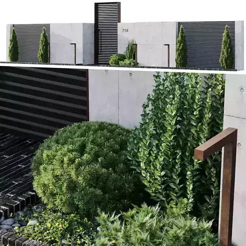 Fence 2 modern garden with trees and shrubs 3D model