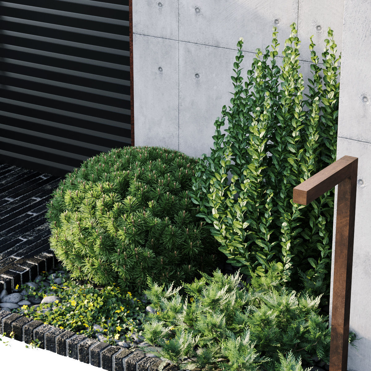 Fence 2 modern garden with trees and shrubs 3D model_3