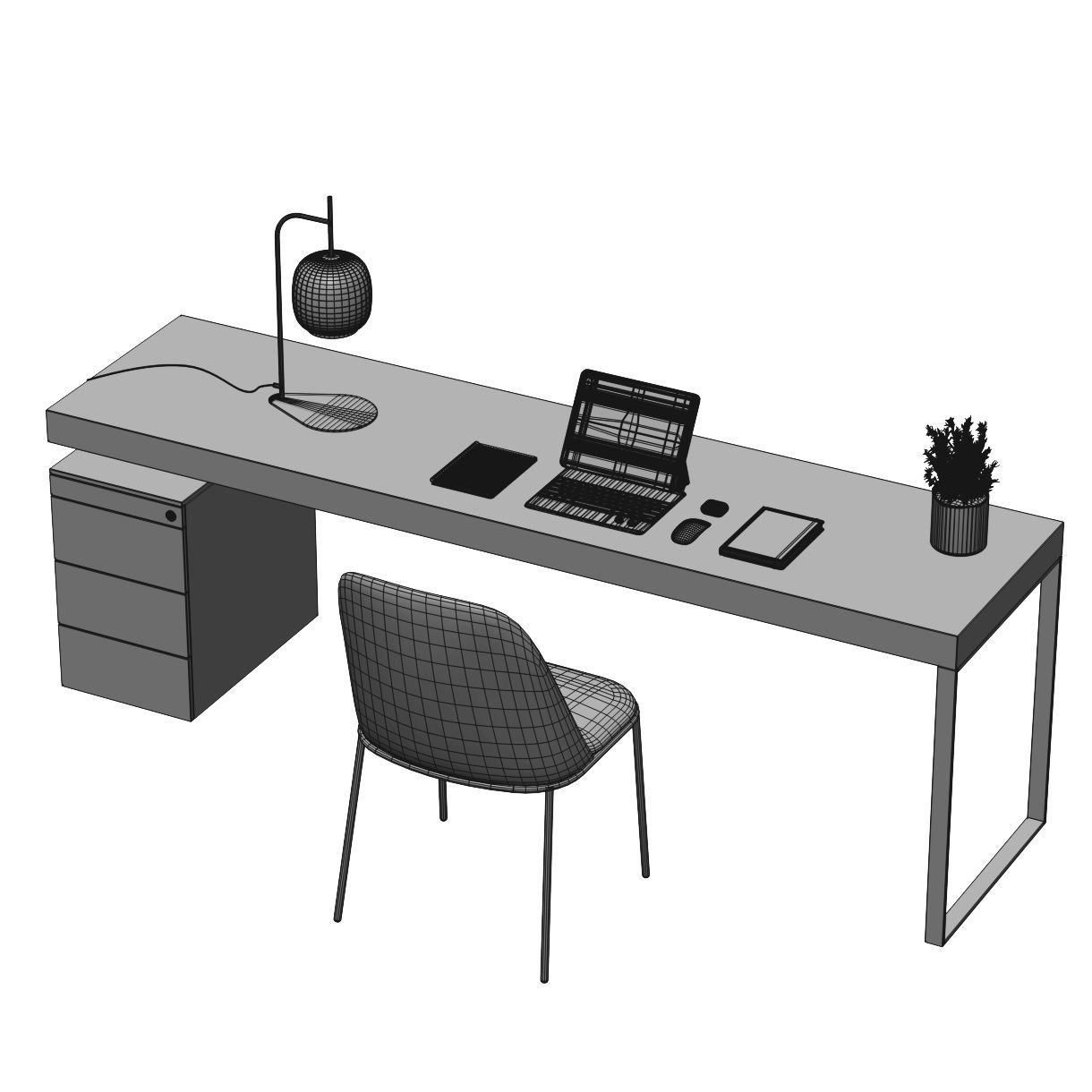 Workplace 2 modern desk with laptop and chair 3D model_3