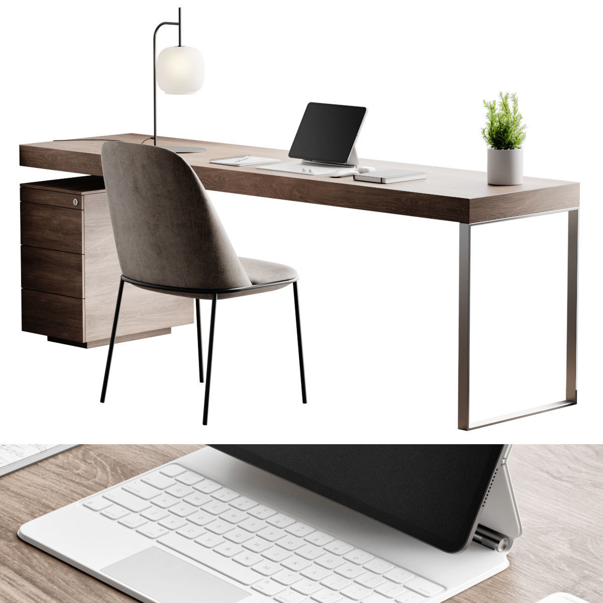 Workplace 2 modern desk with laptop and chair 3D model_1