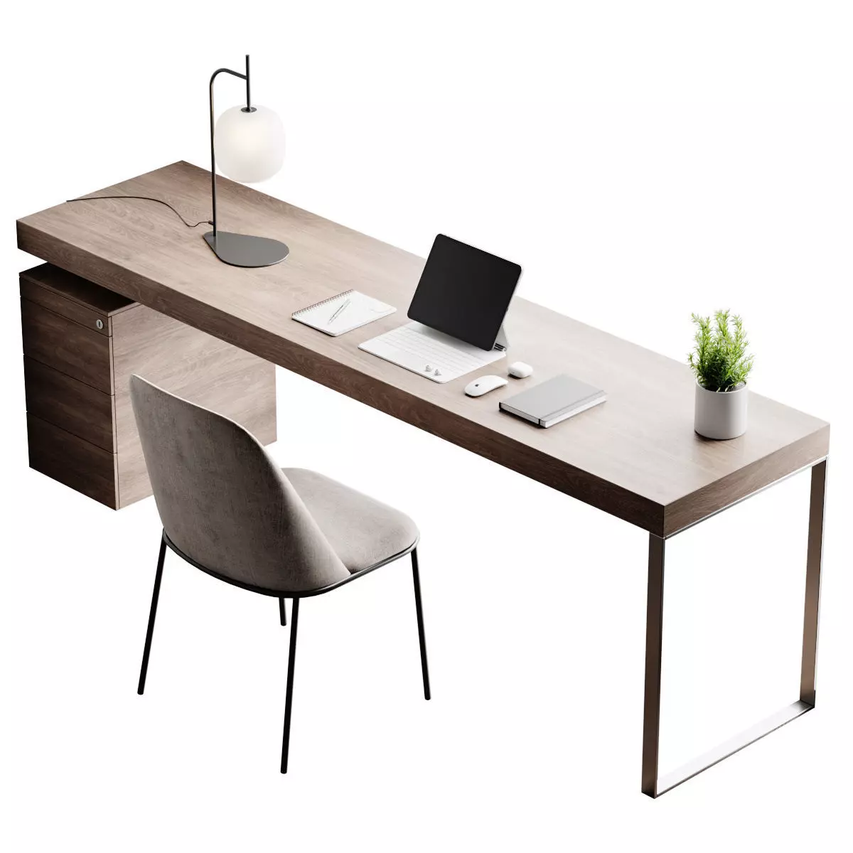 Workplace 2 modern desk with laptop and chair 3D model_0