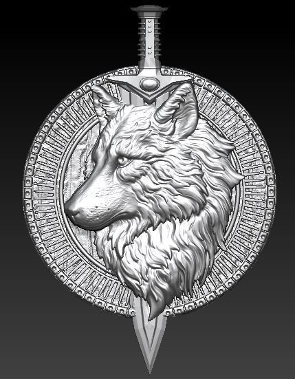 wolf and sword pendant 3D model_1