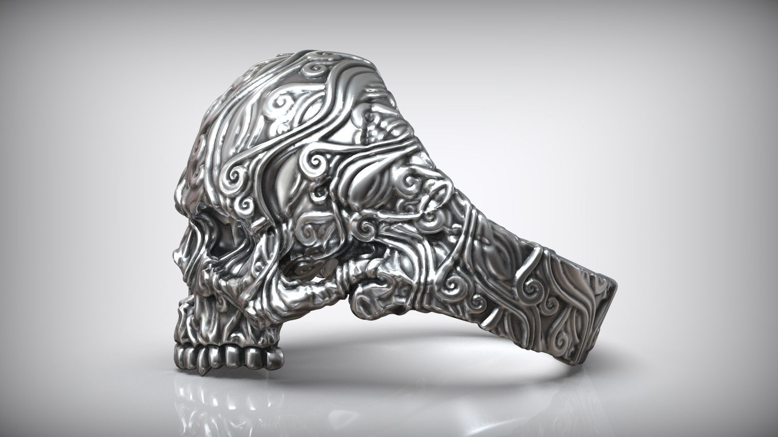 Skull Head Sea Wave Pattern Ring 3D print model_1