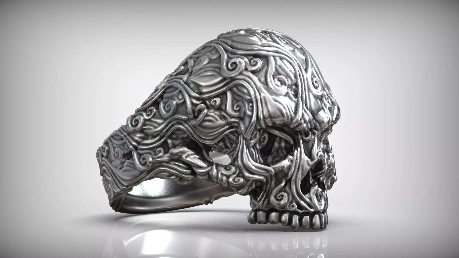 Skull Head Sea Wave Pattern Ring 3D print model_0