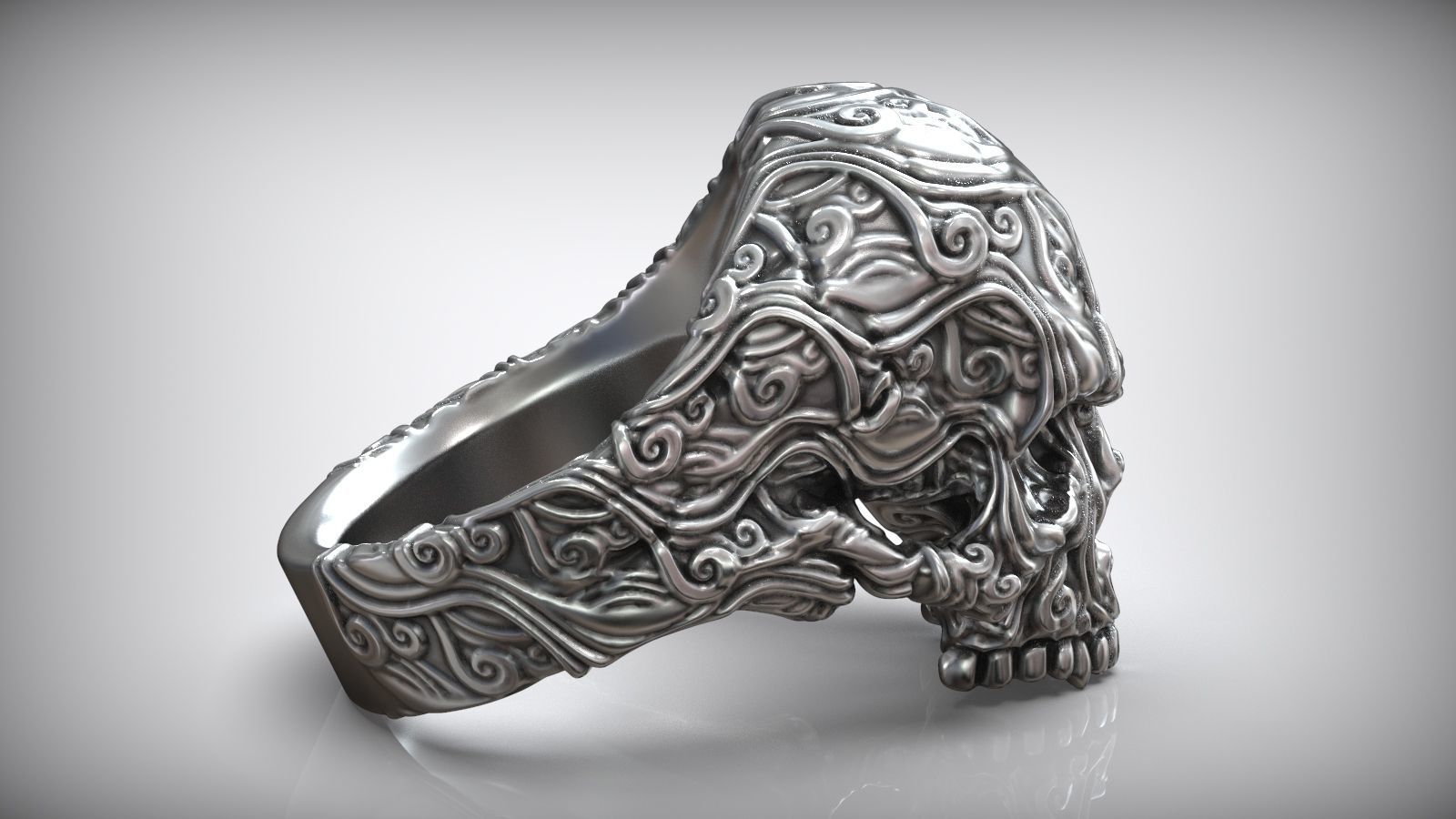 Skull Head Sea Wave Pattern Ring 3D print model_3