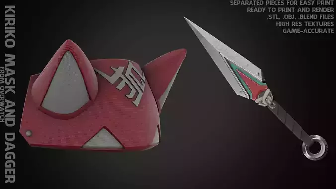 Overwatch 2 Kiriko Mask and Kunai Dagger for Cosplay 3D Model Collection
